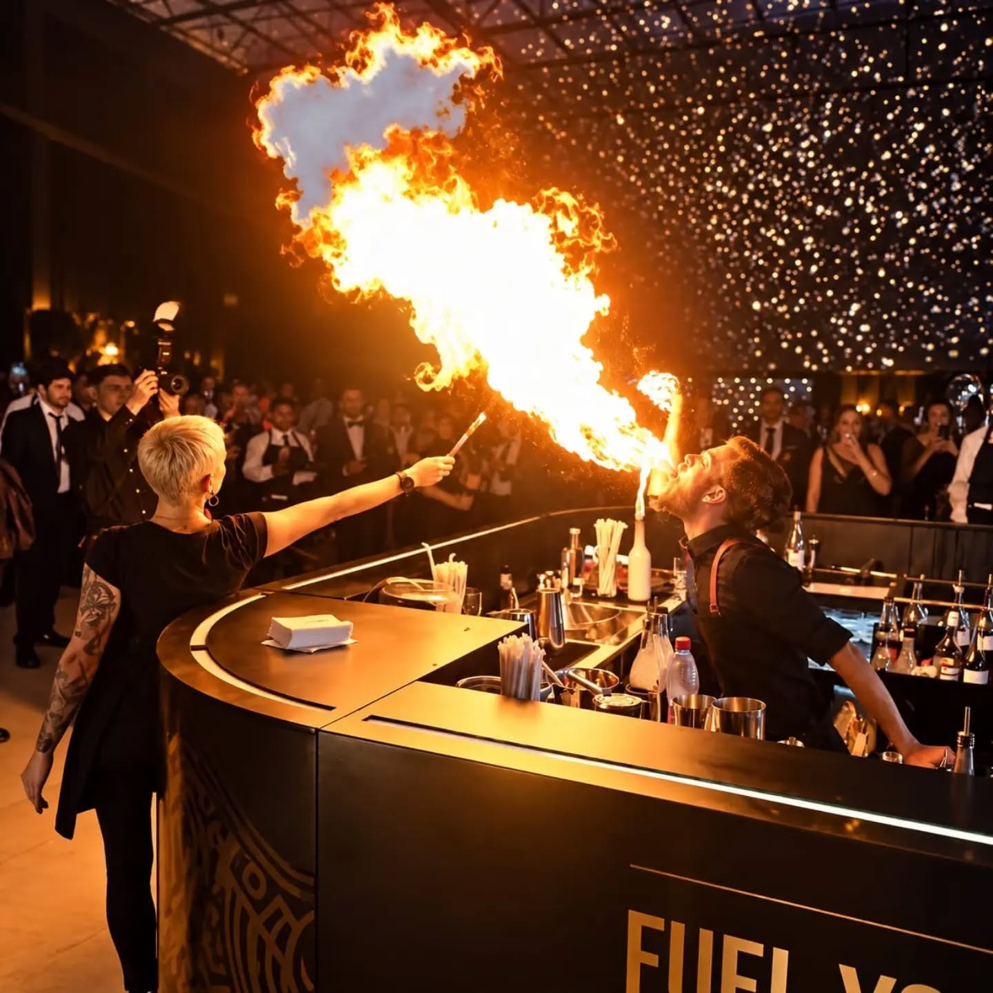 Our sexy female fire professional and her fire flairing mixologist heating up the party. #wowmoment